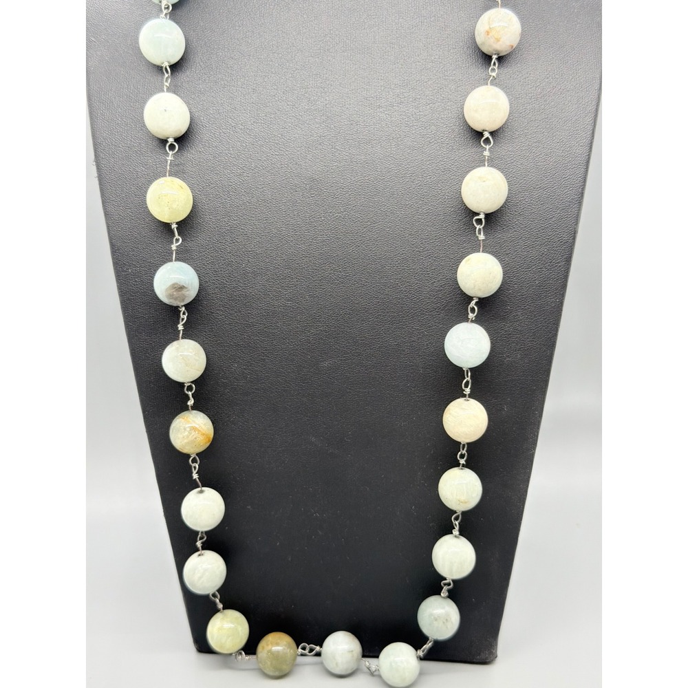 Stone Beaded Necklace Green Cream Brown Wire Wrapped Silver Tone Chain 28"